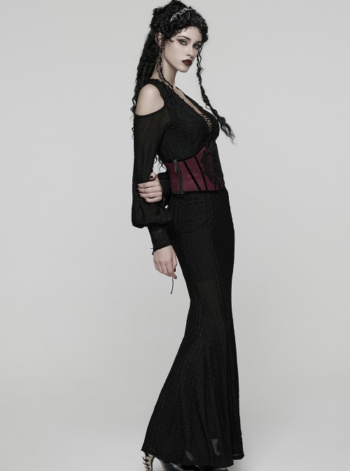 Black Red Artificial Leather Embroidery Appliques Side Zipper Design Gorgeous Gothic Style Cummerbund