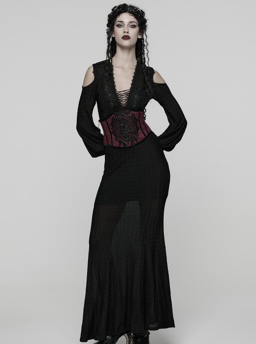 Black Red Artificial Leather Embroidery Appliques Side Zipper Design Gorgeous Gothic Style Cummerbund