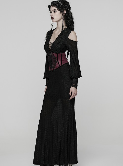 Black Red Artificial Leather Embroidery Appliques Side Zipper Design Gorgeous Gothic Style Cummerbund
