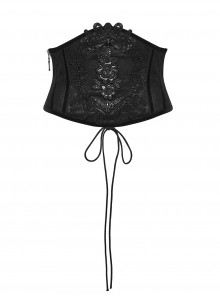 Black Artificial Leather Embroidery Appliques Side Zipper Design Gorgeous Gothic Style Cummerbund