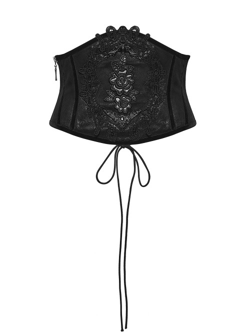 Black Artificial Leather Embroidery Appliques Side Zipper Design Gorgeous Gothic Style Cummerbund