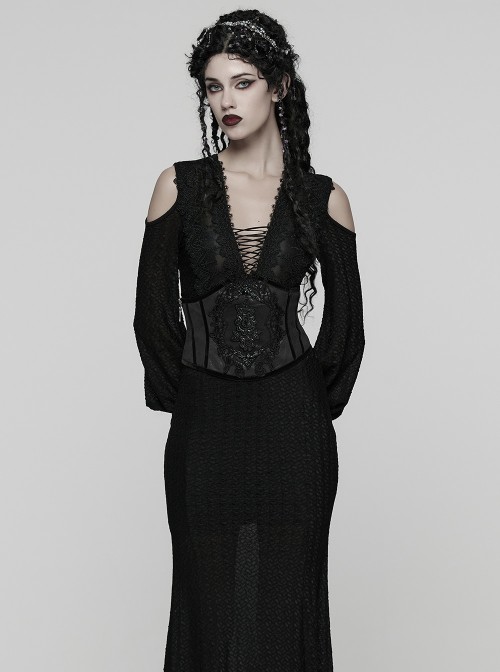 Black Artificial Leather Embroidery Appliques Side Zipper Design Gorgeous Gothic Style Cummerbund