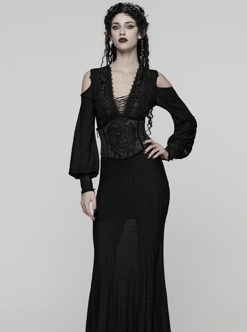 Black Artificial Leather Embroidery Appliques Side Zipper Design Gorgeous Gothic Style Cummerbund