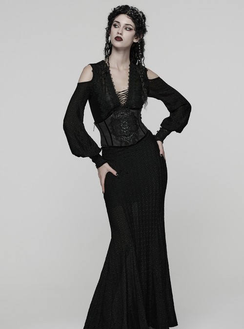 Black Artificial Leather Embroidery Appliques Side Zipper Design Gorgeous Gothic Style Cummerbund