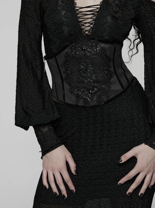 Black Artificial Leather Embroidery Appliques Side Zipper Design Gorgeous Gothic Style Cummerbund