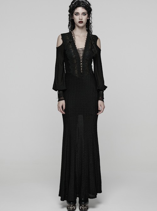 Black Sheer V-Neck Drawstring Dropped Shoulders Hollow-Out Retro Long Lantern Sleeves Elegant Gothic Style Long Dress