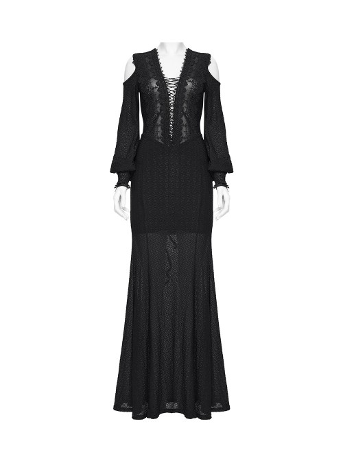Black Sheer V-Neck Drawstring Dropped Shoulders Hollow-Out Retro Long Lantern Sleeves Elegant Gothic Style Long Dress