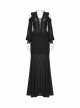 Black Sheer V-Neck Drawstring Dropped Shoulders Hollow-Out Retro Long Lantern Sleeves Elegant Gothic Style Long Dress