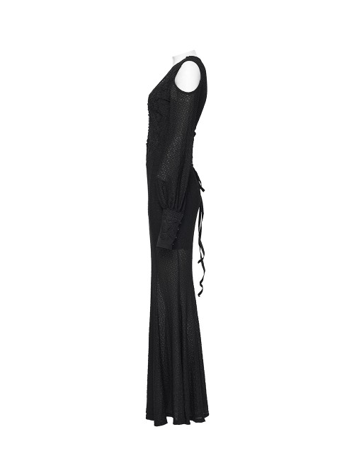 Black Sheer V-Neck Drawstring Dropped Shoulders Hollow-Out Retro Long Lantern Sleeves Elegant Gothic Style Long Dress