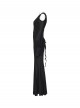 Black Sheer V-Neck Drawstring Dropped Shoulders Hollow-Out Retro Long Lantern Sleeves Elegant Gothic Style Long Dress