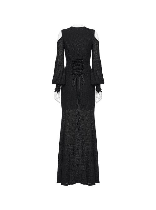 Black Sheer V-Neck Drawstring Dropped Shoulders Hollow-Out Retro Long Lantern Sleeves Elegant Gothic Style Long Dress