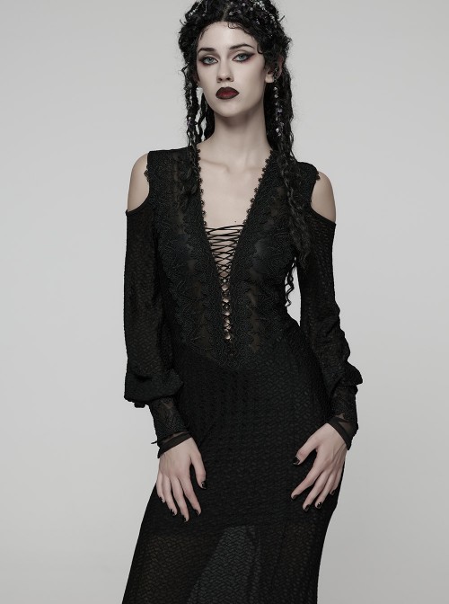 Black Sheer V-Neck Drawstring Dropped Shoulders Hollow-Out Retro Long Lantern Sleeves Elegant Gothic Style Long Dress