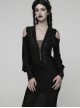 Black Sheer V-Neck Drawstring Dropped Shoulders Hollow-Out Retro Long Lantern Sleeves Elegant Gothic Style Long Dress