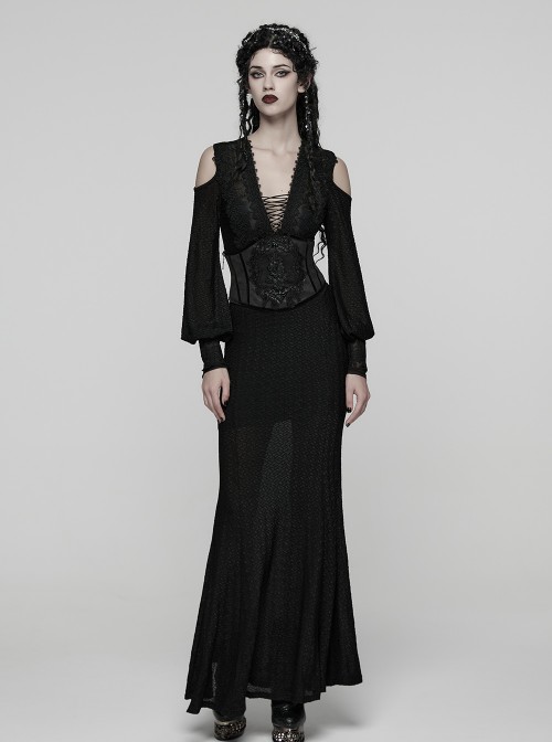 Black Sheer V-Neck Drawstring Dropped Shoulders Hollow-Out Retro Long Lantern Sleeves Elegant Gothic Style Long Dress