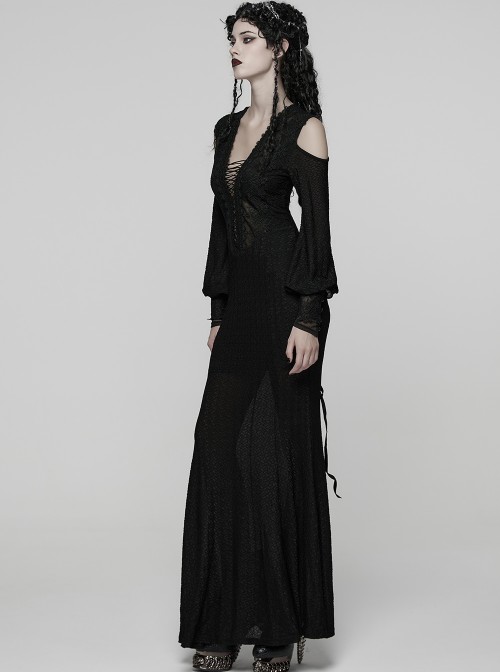 Black Sheer V-Neck Drawstring Dropped Shoulders Hollow-Out Retro Long Lantern Sleeves Elegant Gothic Style Long Dress