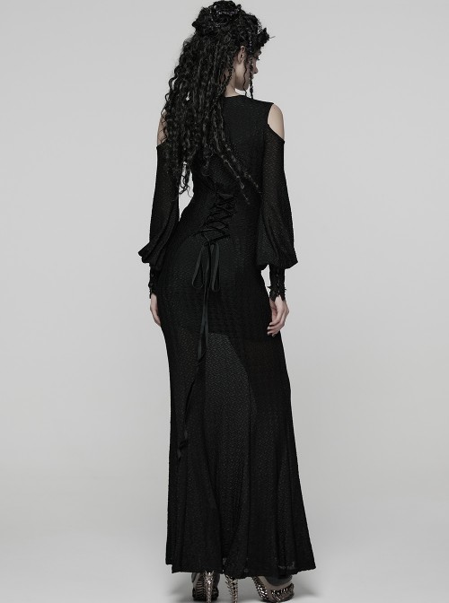 Black Sheer V-Neck Drawstring Dropped Shoulders Hollow-Out Retro Long Lantern Sleeves Elegant Gothic Style Long Dress
