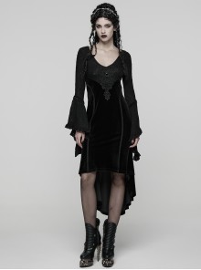 Black Jacquard Knit Splicing Velvet V-Neck Chest Retro Appliques High-Low Hem Ruffled Long Sleeves Gothic Style Dress