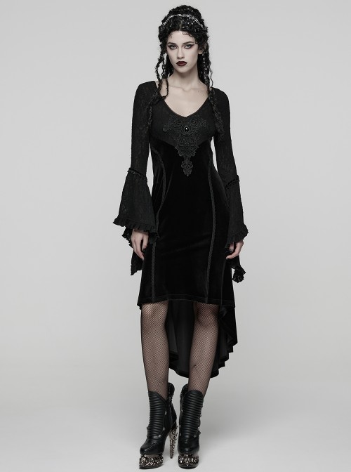Black Jacquard Knit Splicing Velvet V-Neck Chest Retro Appliques High-Low Hem Ruffled Long Sleeves Gothic Style Dress