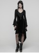 Black Jacquard Knit Splicing Velvet V-Neck Chest Retro Appliques High-Low Hem Ruffled Long Sleeves Gothic Style Dress