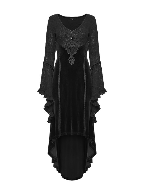 Black Jacquard Knit Splicing Velvet V-Neck Chest Retro Appliques High-Low Hem Ruffled Long Sleeves Gothic Style Dress