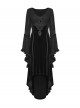 Black Jacquard Knit Splicing Velvet V-Neck Chest Retro Appliques High-Low Hem Ruffled Long Sleeves Gothic Style Dress