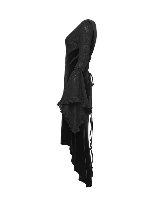 Black Jacquard Knit Splicing Velvet V-Neck Chest Retro Appliques High-Low Hem Ruffled Long Sleeves Gothic Style Dress