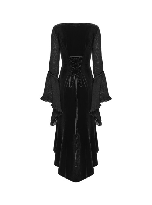 Black Jacquard Knit Splicing Velvet V-Neck Chest Retro Appliques High-Low Hem Ruffled Long Sleeves Gothic Style Dress