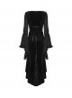 Black Jacquard Knit Splicing Velvet V-Neck Chest Retro Appliques High-Low Hem Ruffled Long Sleeves Gothic Style Dress