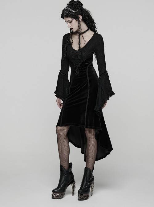 Black Jacquard Knit Splicing Velvet V-Neck Chest Retro Appliques High-Low Hem Ruffled Long Sleeves Gothic Style Dress
