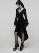 Black Jacquard Knit Splicing Velvet V-Neck Chest Retro Appliques High-Low Hem Ruffled Long Sleeves Gothic Style Dress