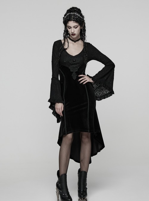 Black Jacquard Knit Splicing Velvet V-Neck Chest Retro Appliques High-Low Hem Ruffled Long Sleeves Gothic Style Dress