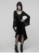 Black Jacquard Knit Splicing Velvet V-Neck Chest Retro Appliques High-Low Hem Ruffled Long Sleeves Gothic Style Dress