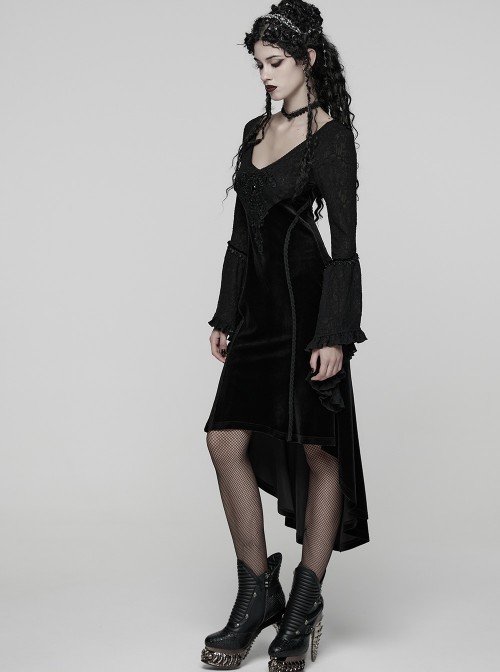 Black Jacquard Knit Splicing Velvet V-Neck Chest Retro Appliques High-Low Hem Ruffled Long Sleeves Gothic Style Dress