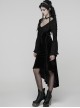 Black Jacquard Knit Splicing Velvet V-Neck Chest Retro Appliques High-Low Hem Ruffled Long Sleeves Gothic Style Dress