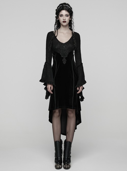 Black Jacquard Knit Splicing Velvet V-Neck Chest Retro Appliques High-Low Hem Ruffled Long Sleeves Gothic Style Dress