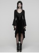 Black Jacquard Knit Splicing Velvet V-Neck Chest Retro Appliques High-Low Hem Ruffled Long Sleeves Gothic Style Dress