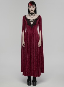 Red Stretch Rose Velvet V-Neck Gorgeous Black Appliques Long Water Sleeves Gothic Style Long Dress