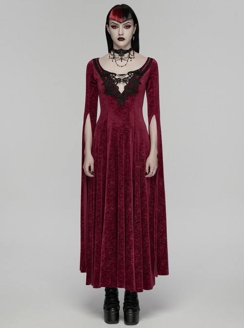Red Stretch Rose Velvet V-Neck Gorgeous Black Appliques Long Water Sleeves Gothic Style Long Dress
