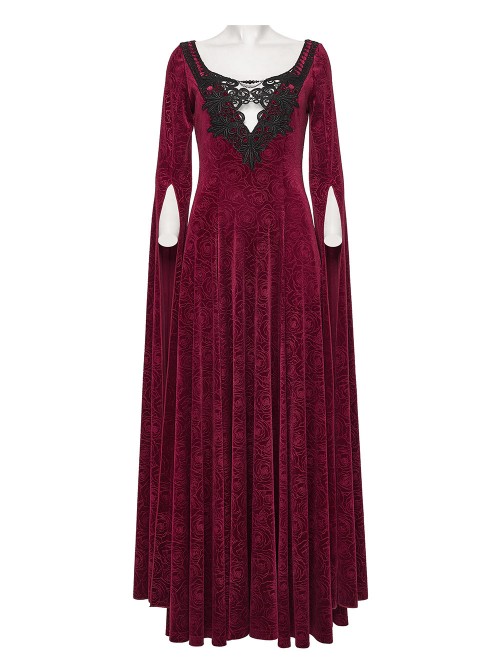 Red Stretch Rose Velvet V-Neck Gorgeous Black Appliques Long Water Sleeves Gothic Style Long Dress