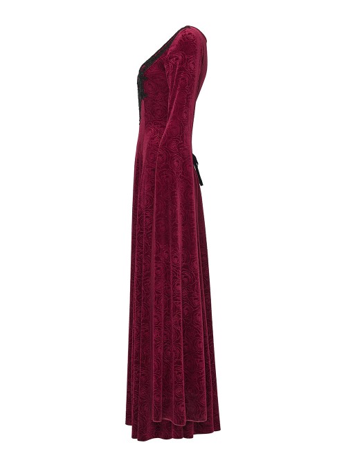 Red Stretch Rose Velvet V-Neck Gorgeous Black Appliques Long Water Sleeves Gothic Style Long Dress
