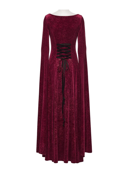 Red Stretch Rose Velvet V-Neck Gorgeous Black Appliques Long Water Sleeves Gothic Style Long Dress