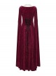 Red Stretch Rose Velvet V-Neck Gorgeous Black Appliques Long Water Sleeves Gothic Style Long Dress