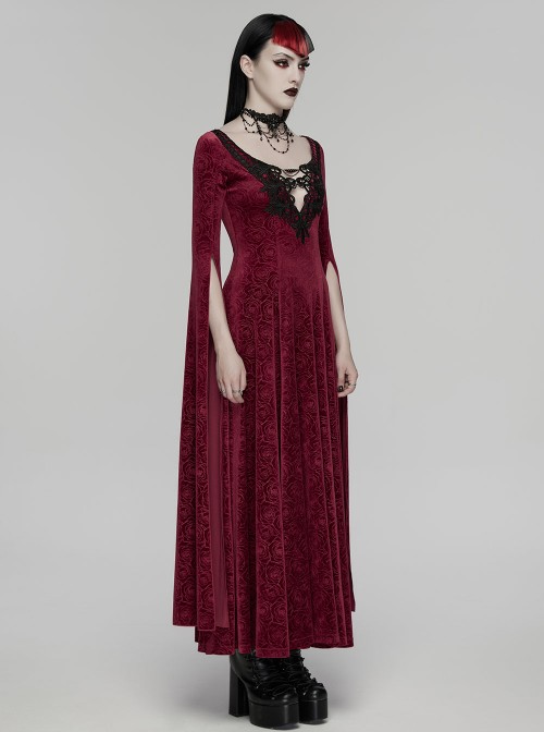Red Stretch Rose Velvet V-Neck Gorgeous Black Appliques Long Water Sleeves Gothic Style Long Dress
