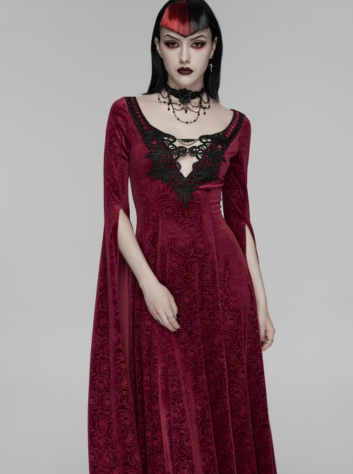 Red Stretch Rose Velvet V-Neck Gorgeous Black Appliques Long Water Sleeves Gothic Style Long Dress