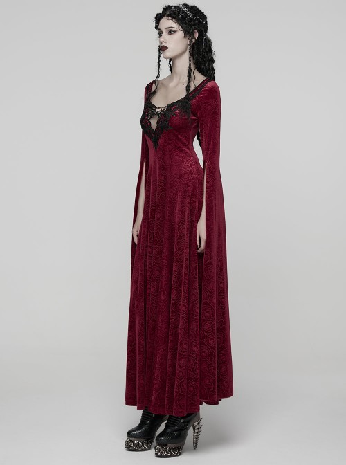 Red Stretch Rose Velvet V-Neck Gorgeous Black Appliques Long Water Sleeves Gothic Style Long Dress