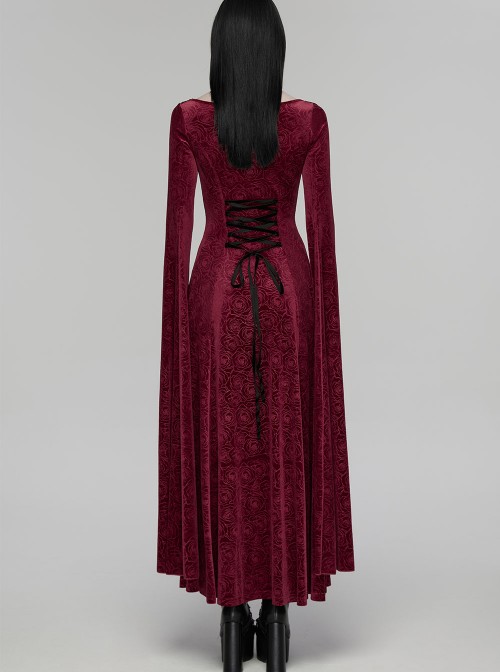 Red Stretch Rose Velvet V-Neck Gorgeous Black Appliques Long Water Sleeves Gothic Style Long Dress