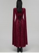 Red Stretch Rose Velvet V-Neck Gorgeous Black Appliques Long Water Sleeves Gothic Style Long Dress
