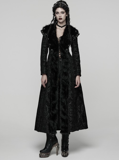 Black Jacquard Gorgeous Plush Integrated Collar Elegant Cinching-Waist Long Sleeves Gothic Style Long Coat