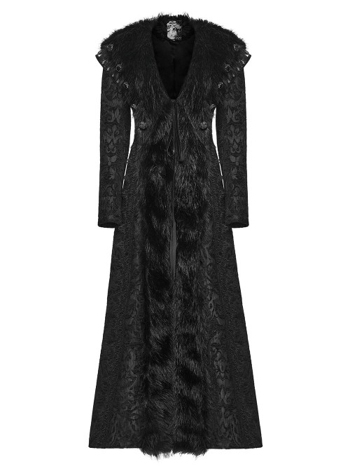 Black Jacquard Gorgeous Plush Integrated Collar Elegant Cinching-Waist Long Sleeves Gothic Style Long Coat