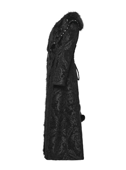 Black Jacquard Gorgeous Plush Integrated Collar Elegant Cinching-Waist Long Sleeves Gothic Style Long Coat